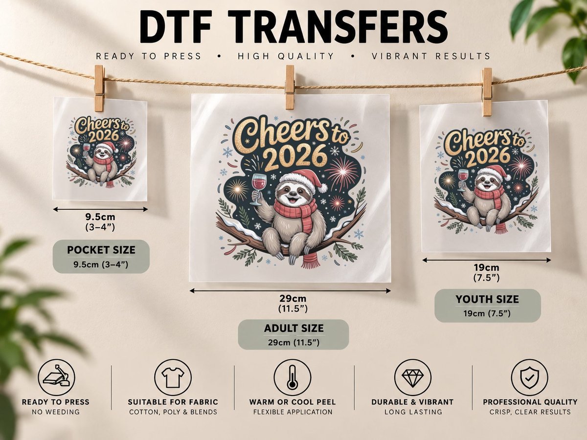Cheers to 2026 Happy New Year, Festive Sloth Holding Wine DTF Transfer Iron On