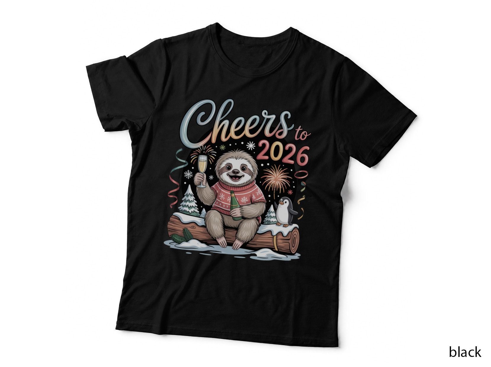 Cheers to 2026 Happy New Year T-Shirt, Festive Sloth with Champagne Graphic Tee