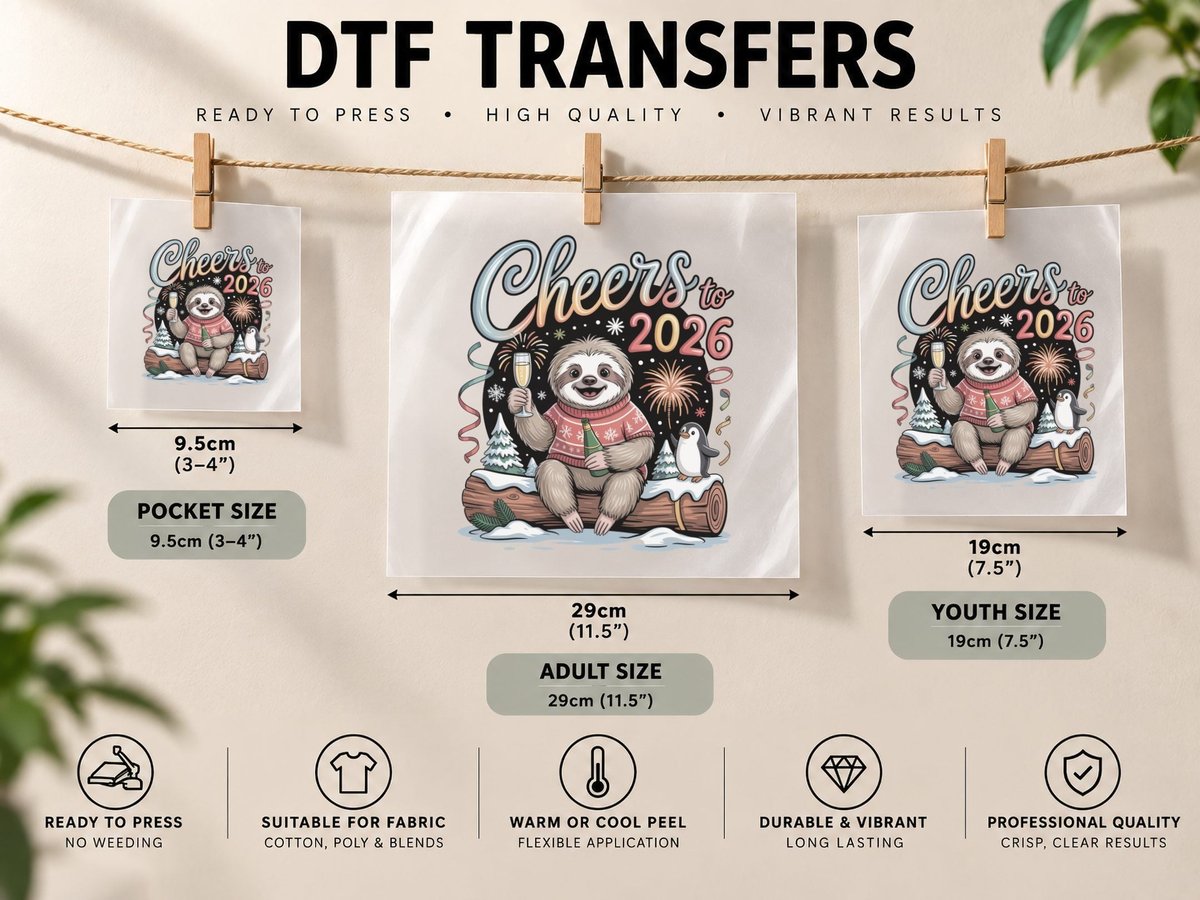 Cheers to 2026 Happy New Year, Festive Sloth with DTF Transfer Iron On