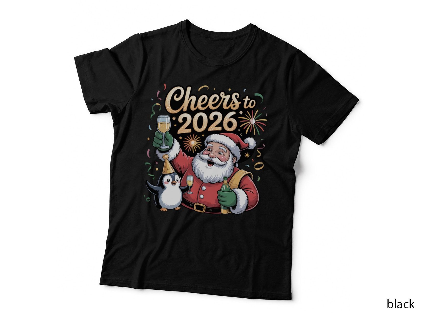 Cheers to 2026 Happy New Year T-Shirt, Santa & Penguin Celebrating Graphic Tee