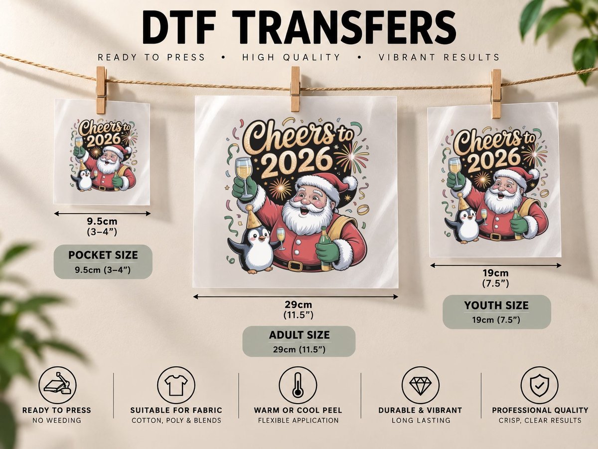 Cheers to 2026 Happy New Year, Santa & Penguin Celebrating DTF Transfer Iron On