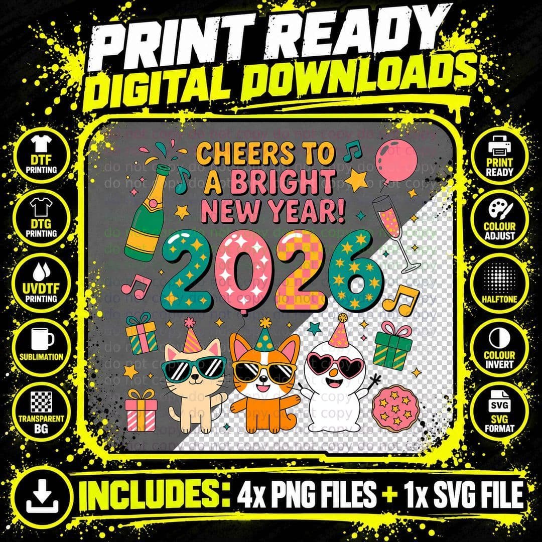 Cheers to a Bright New Year! 2026 Happy New Year T-Shirt Png SVG Digital Bundle
