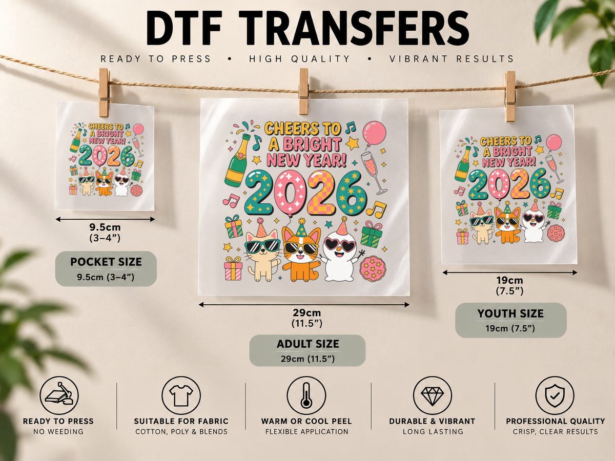 Cheers to a Bright New Year! 2026 Happy New Year DTF Transfer Iron On