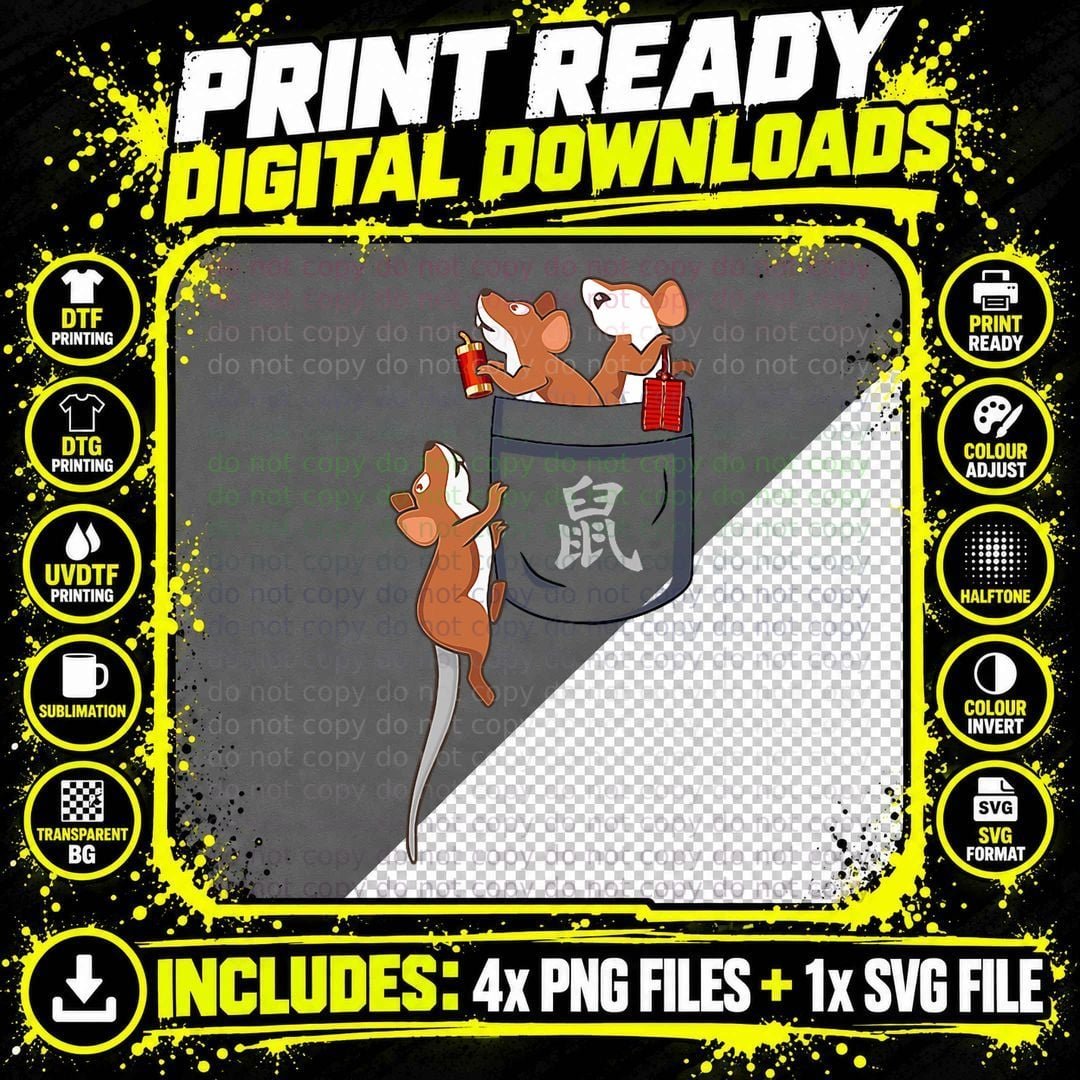 Chinese New Year Rats in Pocket with Fireworks Png SVG Digital Bundle