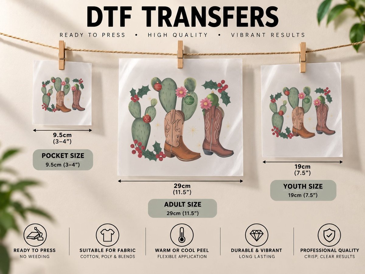 Christmas Cactus Cowboy Boots Western, Western Graphic DTF Transfer Iron On