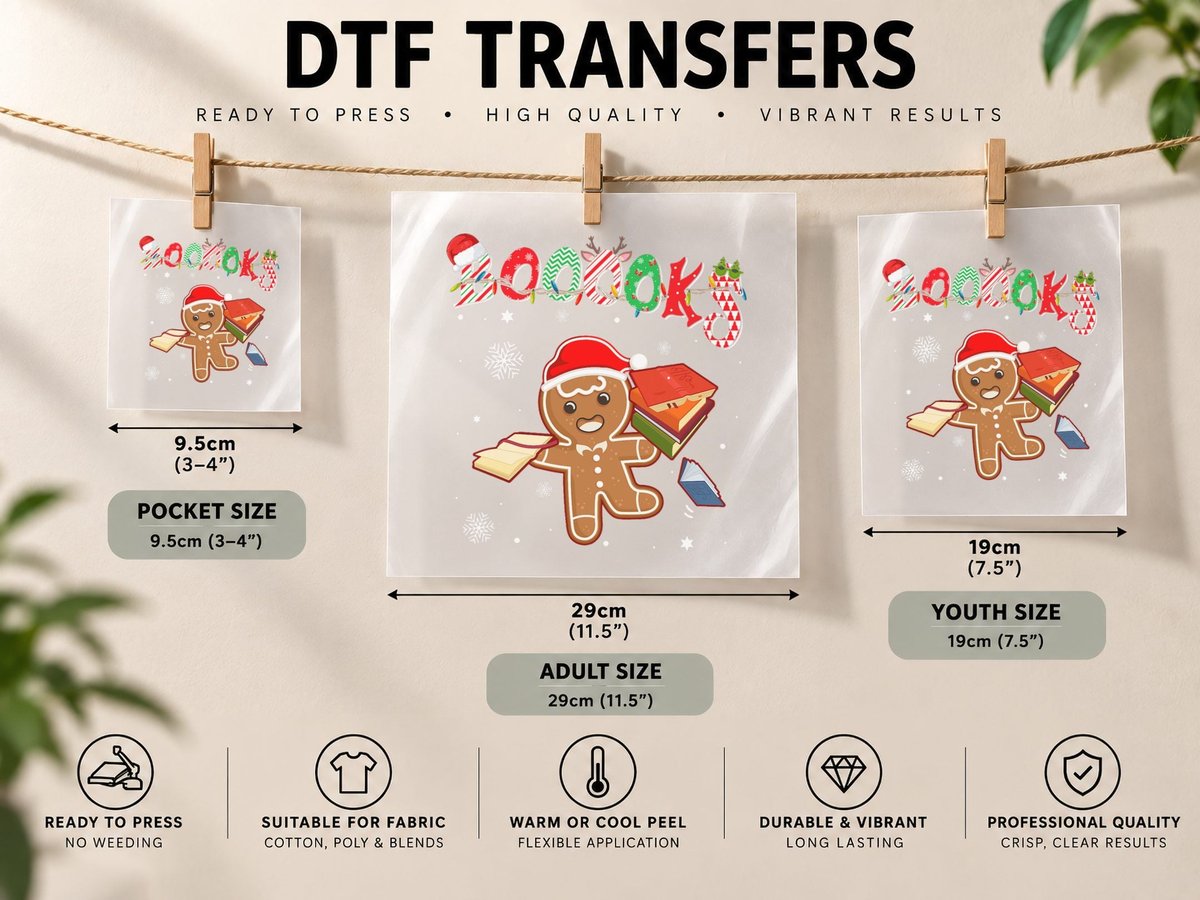 Christmas Gingerbread Books Librarian Reader Reading DTF Transfer Iron On