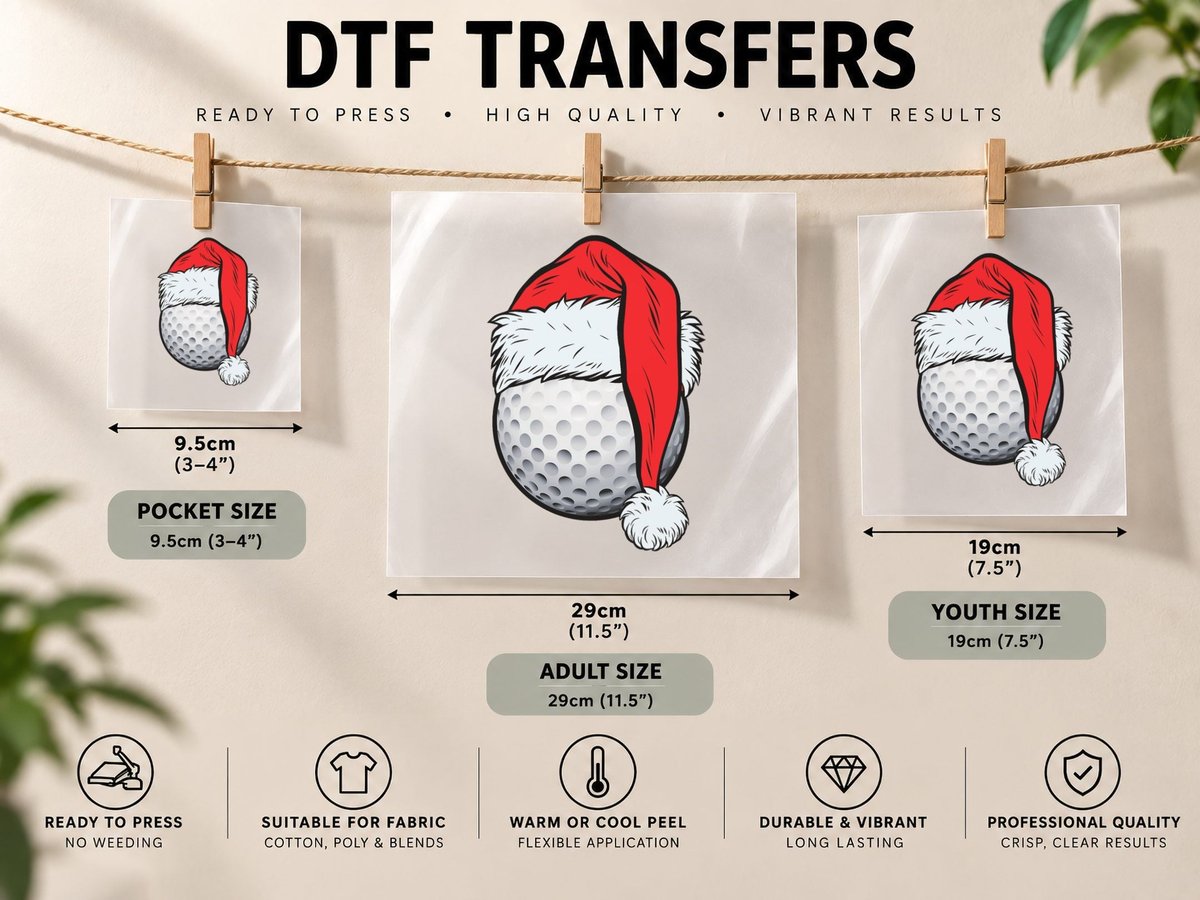 Christmas Golf Ball Santa Hat Xmas Golfing Boys Men Sports DTF Transfer Iron On