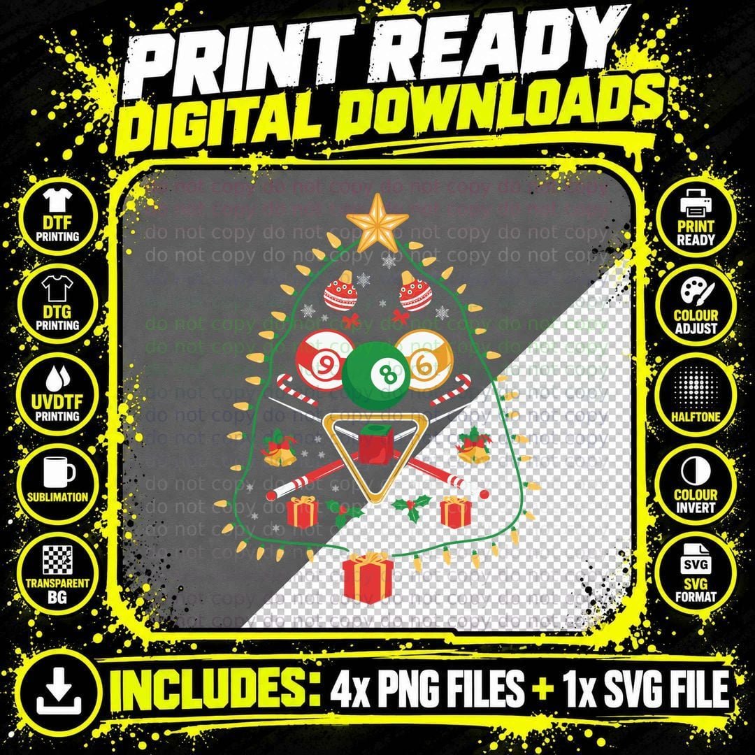 Christmas Pool Table Decor Billiards T-Shirt Png SVG Digital Bundle