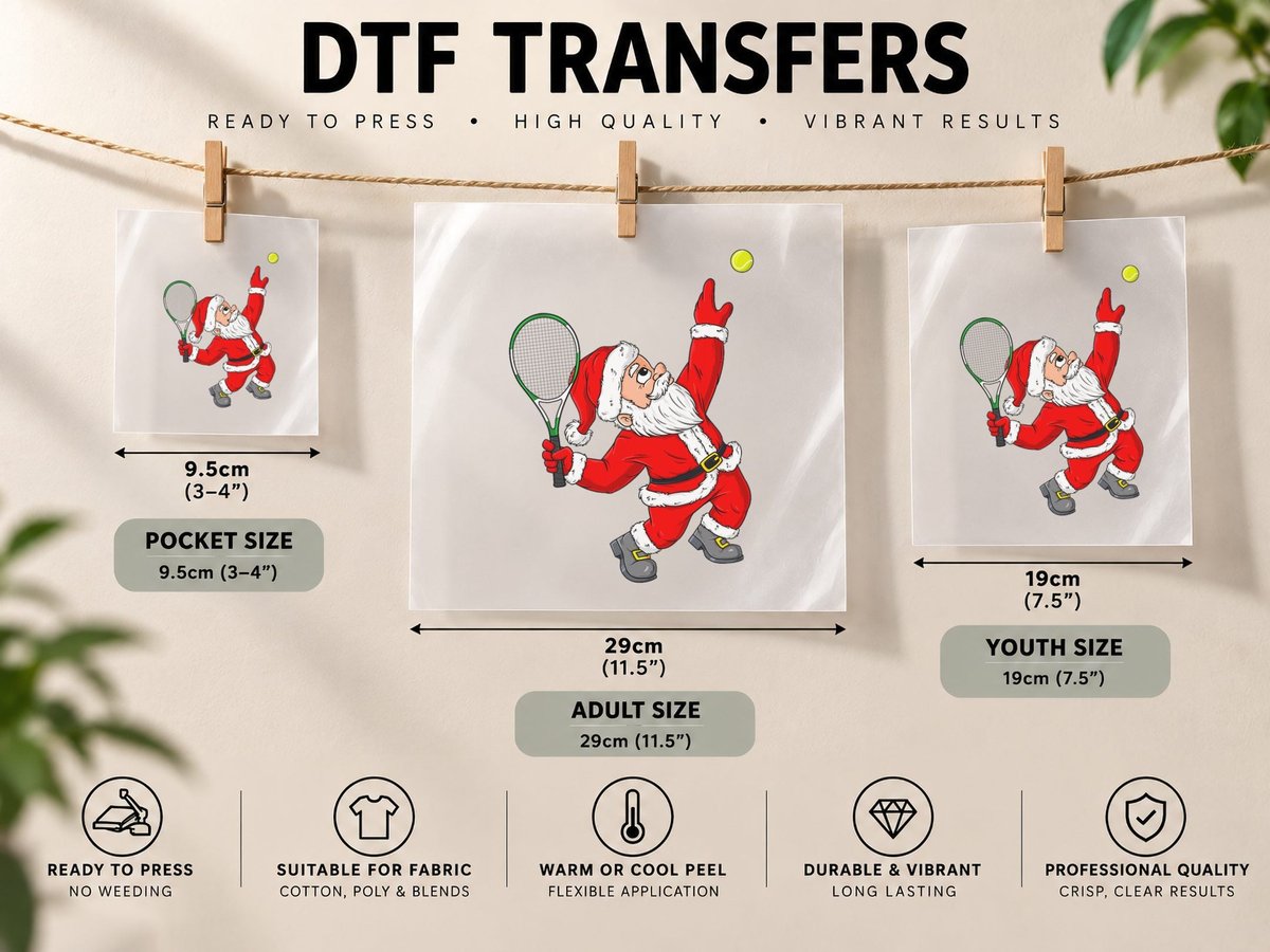 Christmas Santa Claus Tennis Funny Boys Girls Kids Teen DTF Transfer Iron On