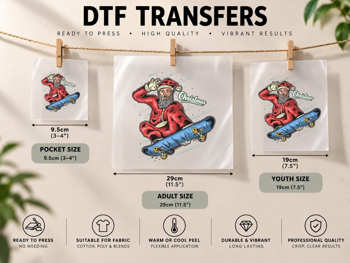Christmas Santa Wish Holiday Skateboard Streetwear Retro DTF Transfer Iron On