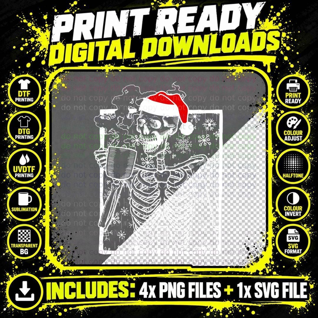 Christmas Skeleton with Smiling Skull Drinking Coffee Png SVG Digital Bundle
