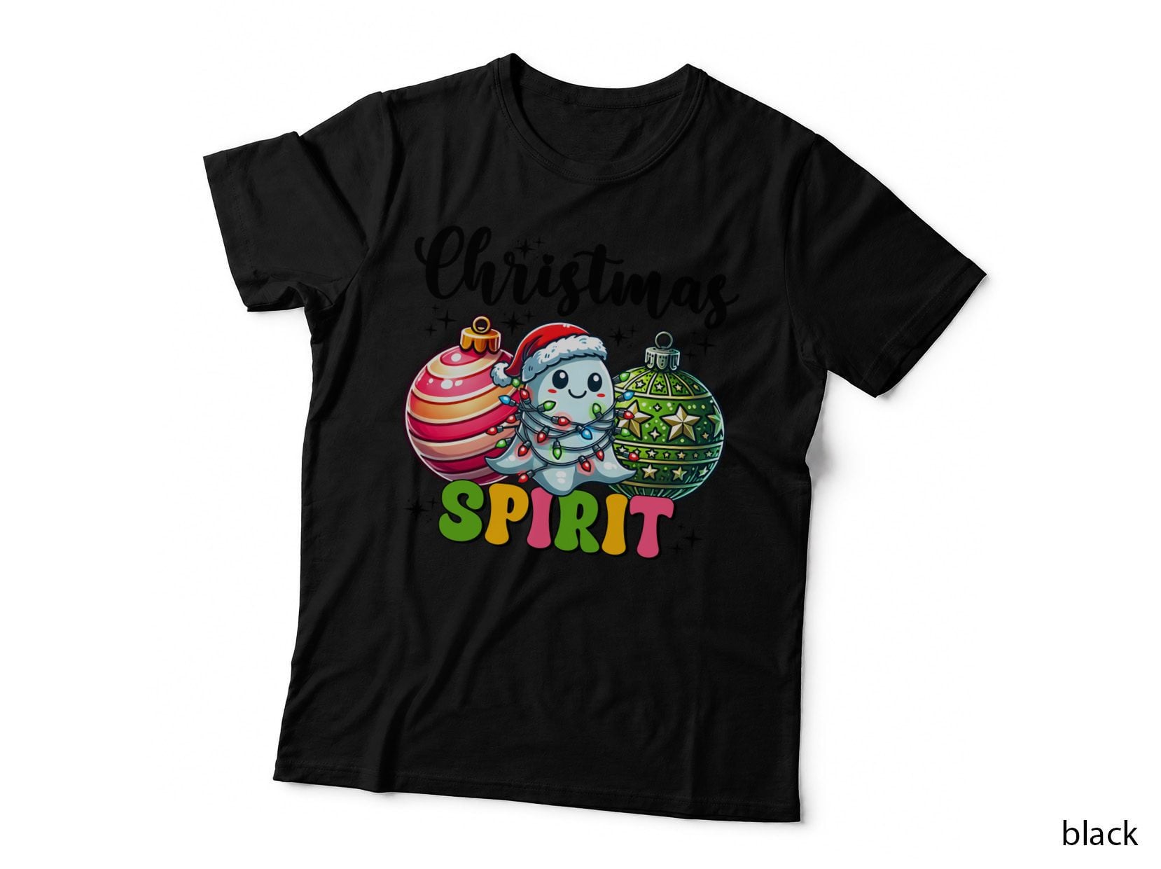 Christmas Spirit Winter T-Shirt, Ghost with Ornaments and Lights Graphic Tee