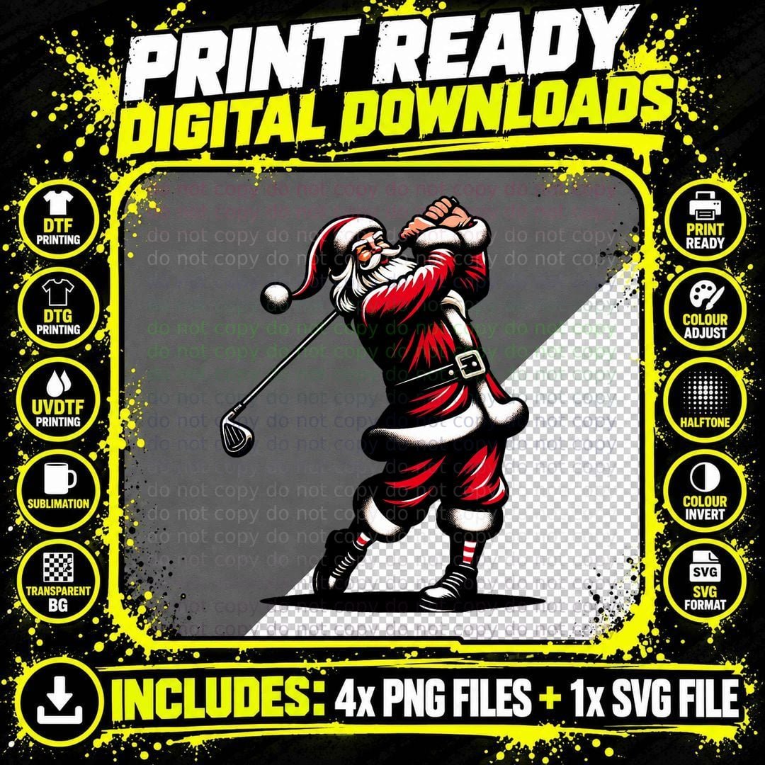 Christmas Sports, Santa Plays Golf Xmas Women Men & Kids Png SVG Digital Bundle