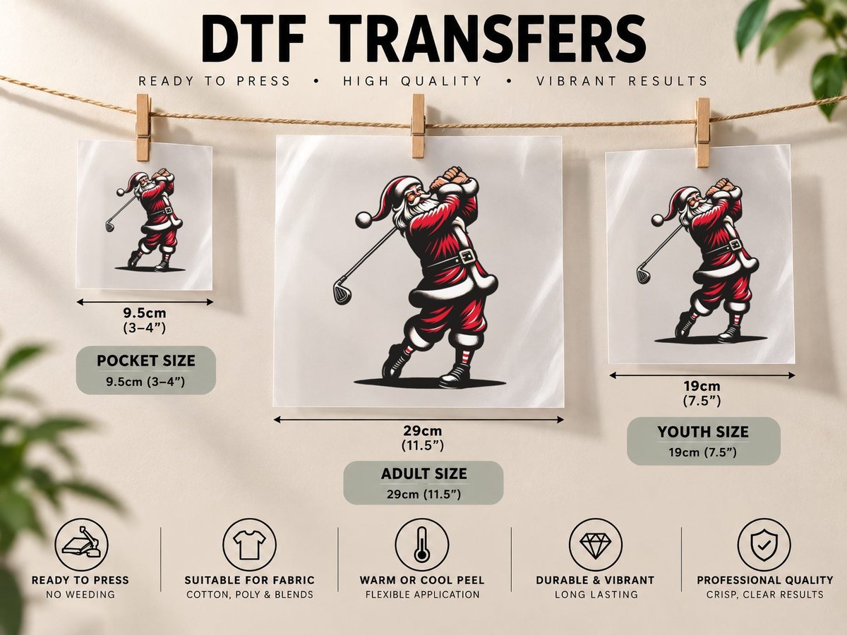 Christmas Sports, Santa Plays Golf Xmas Women Men & Kids DTF Transfer Iron On
