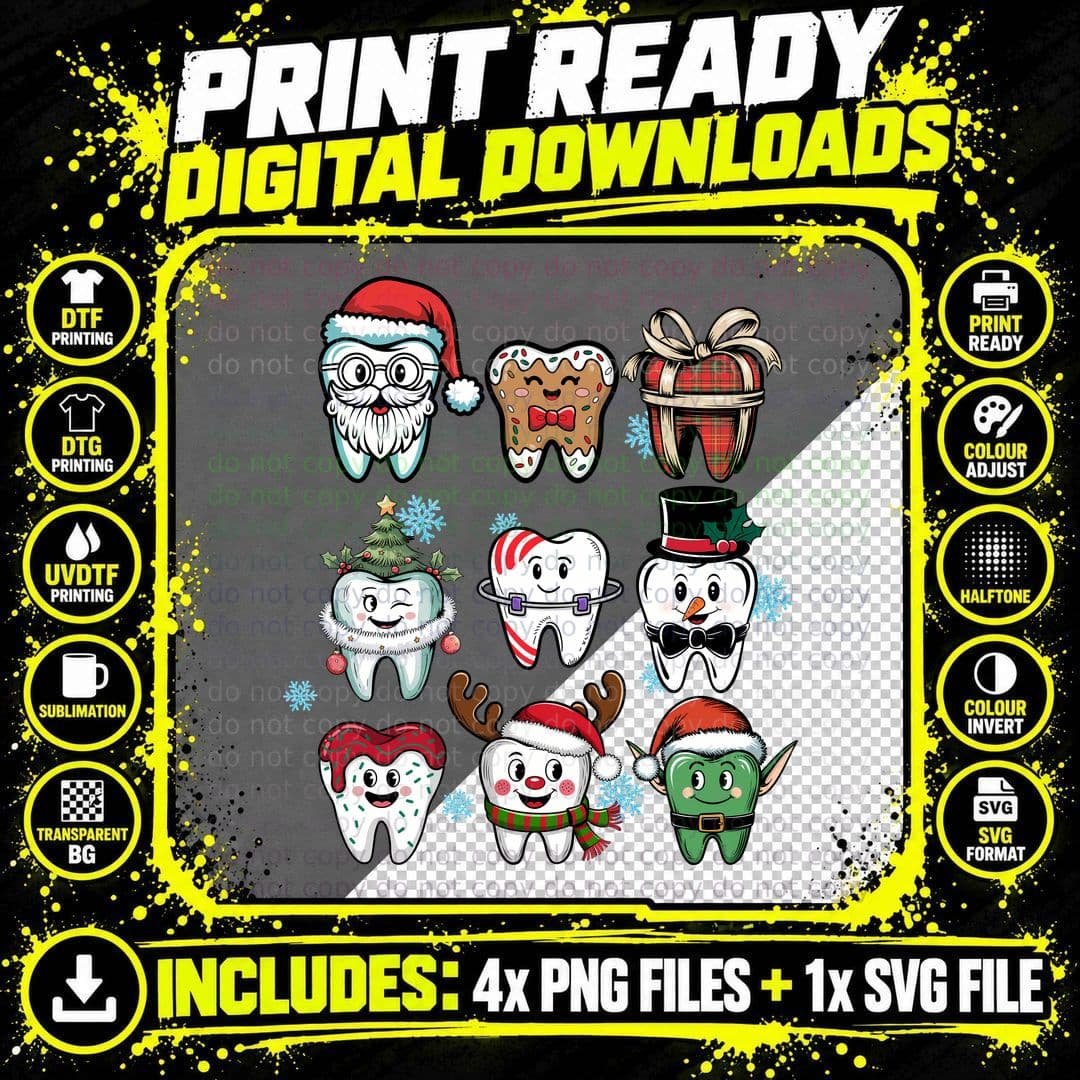 Christmas Teeth Characters Dental T-Shirt Png SVG Digital Bundle