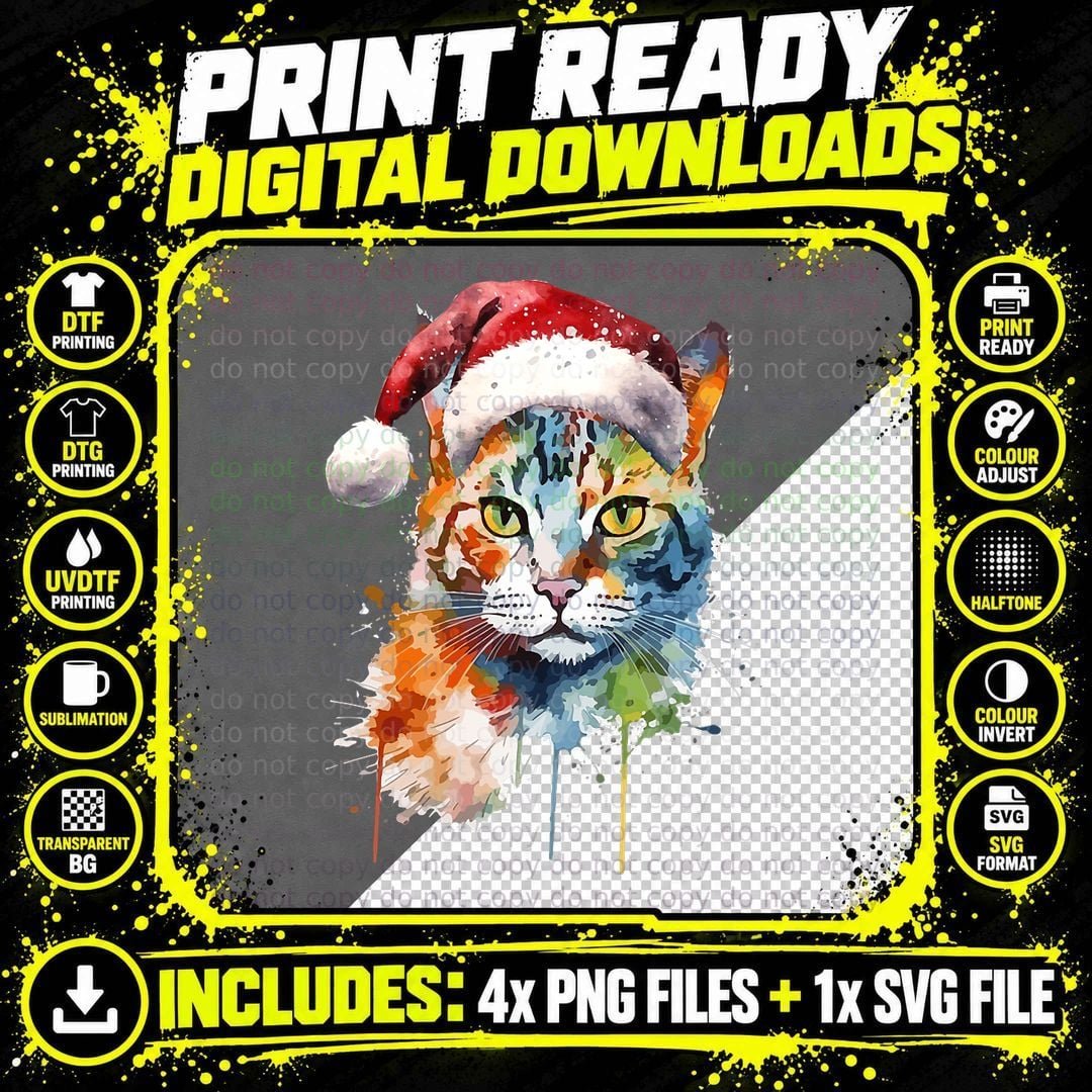 Colorful Cat Wears Santa Hat Kitten Ugly Christmas Png SVG Digital Bundle