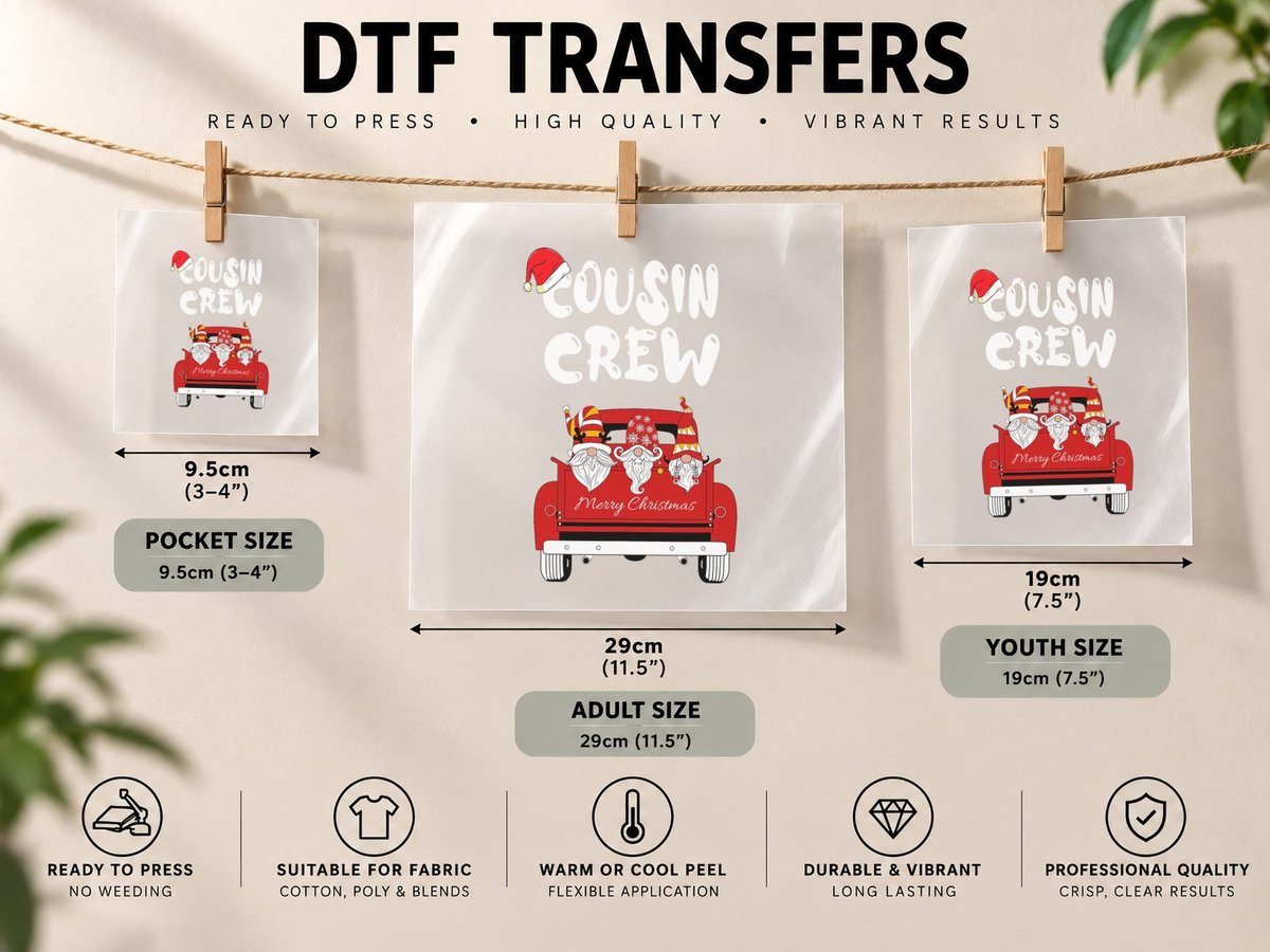 Cousin Crew Team Santa Squad Christmas Red Truck Gnome Boy DTF Transfer Iron On