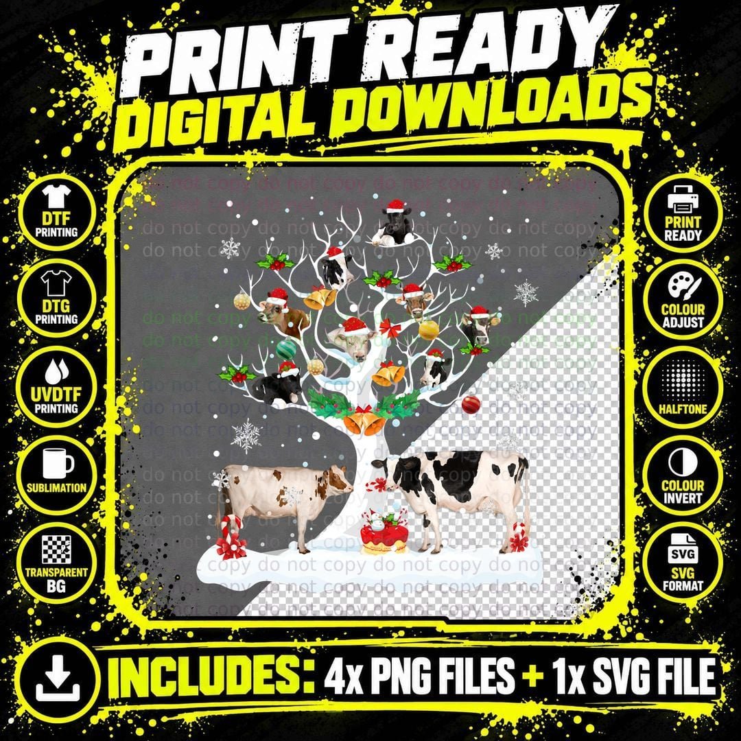 Cow Christmas on Winter Tree Goat Lover Matching Pajamas Png SVG Digital Bundle