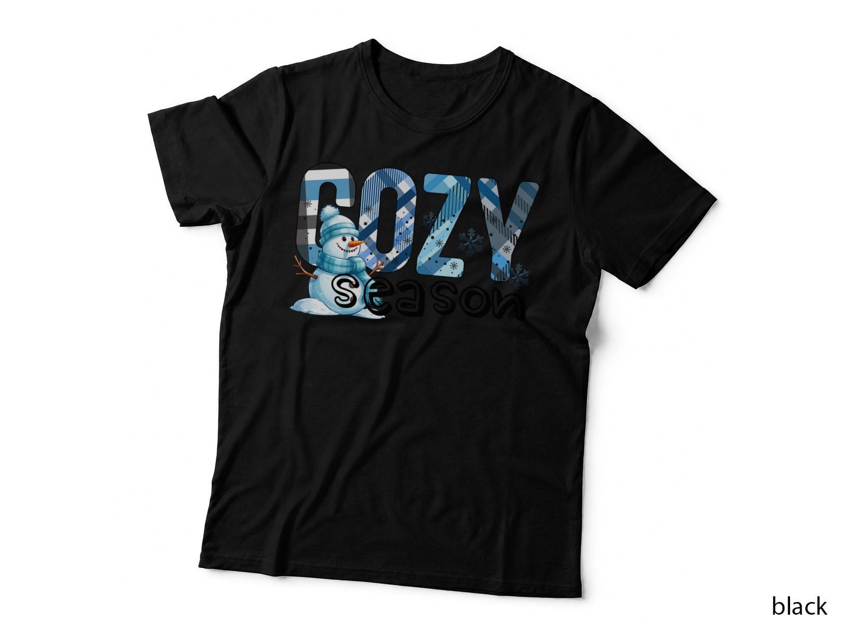 Cozy Season Winter T-Shirt, Snowman in Winter Plaid Pattern Graphic Tee