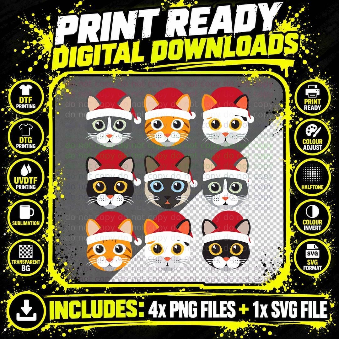 Cute Cat Christmas Santa Claus Gift Idea, Holiday Cat Png SVG Digital Bundle