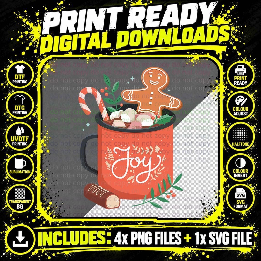 Cute Hot Cocoa Graphic, Gingerbread Man, Joy Png SVG Digital Bundle