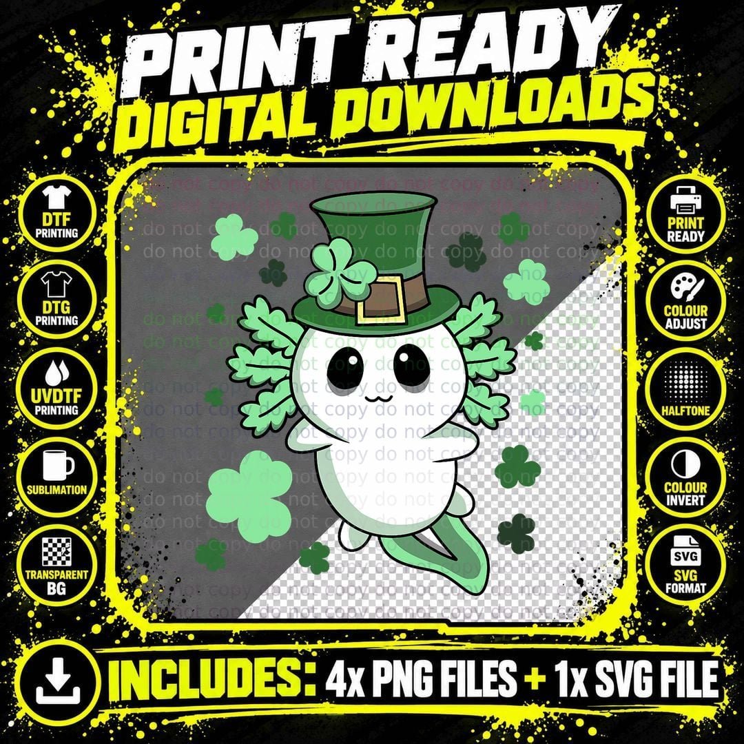 Cute Kawaii Irish St. Patrick's Day Axolotl, Unisex Png SVG Digital Bundle