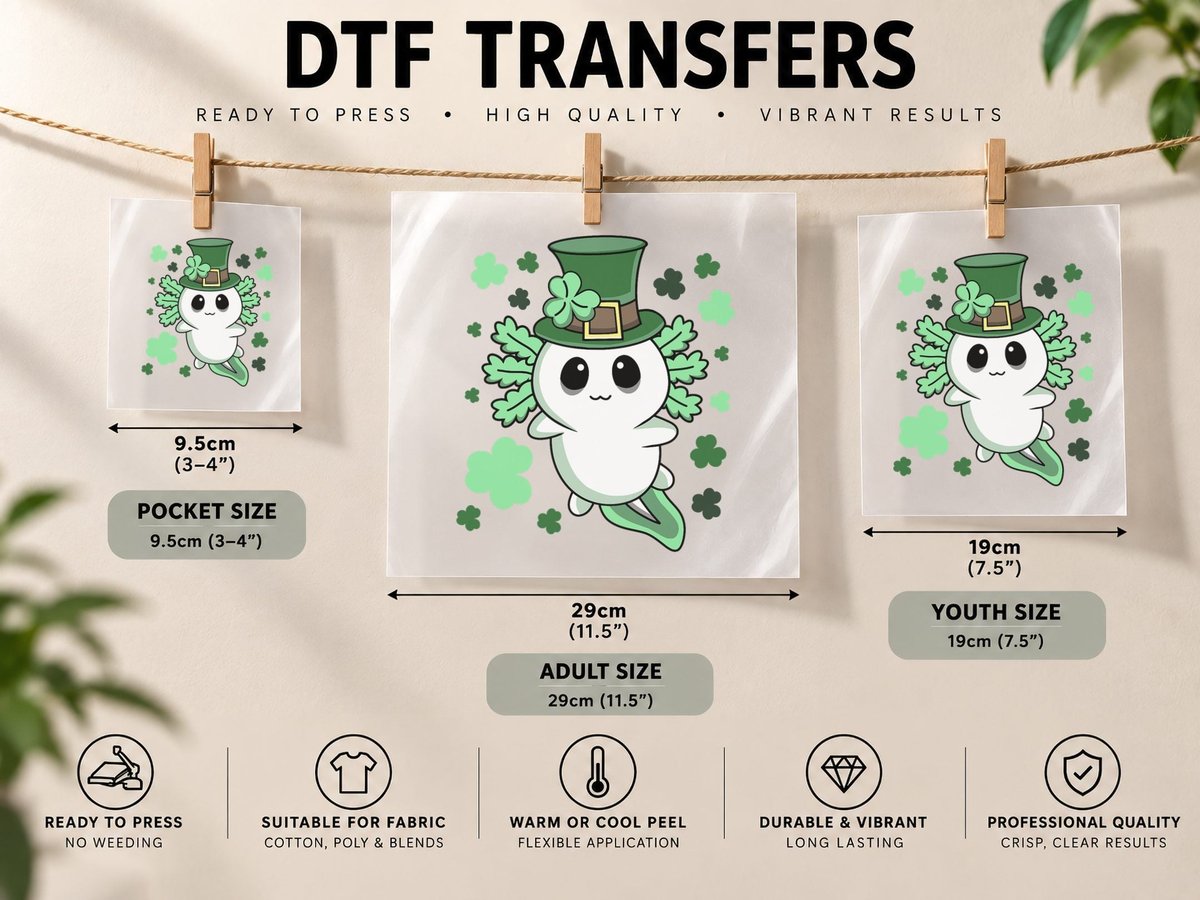 Cute Kawaii Irish St. Patrick's Day Axolotl, Unisex DTF Transfer Iron On