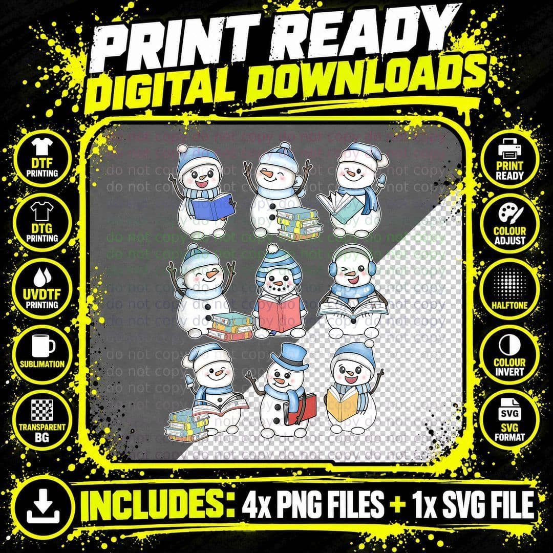 Cute Snowman Reading Book Librarian Bookworm Christmas Png SVG Digital Bundle
