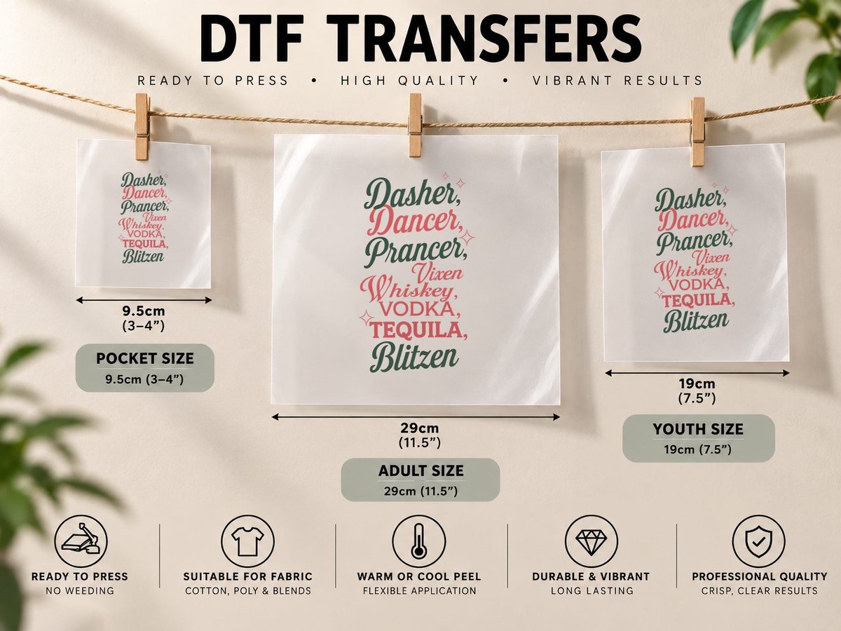 Dasher Dancer Prancer Vixen Whiskey Vodka Tequila Blitzen DTF Transfer Iron On
