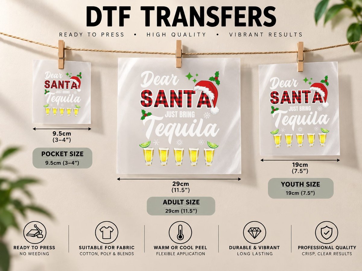 Dear Santa Just Bring Tequila, Christmas Humor DTF Transfer Iron On