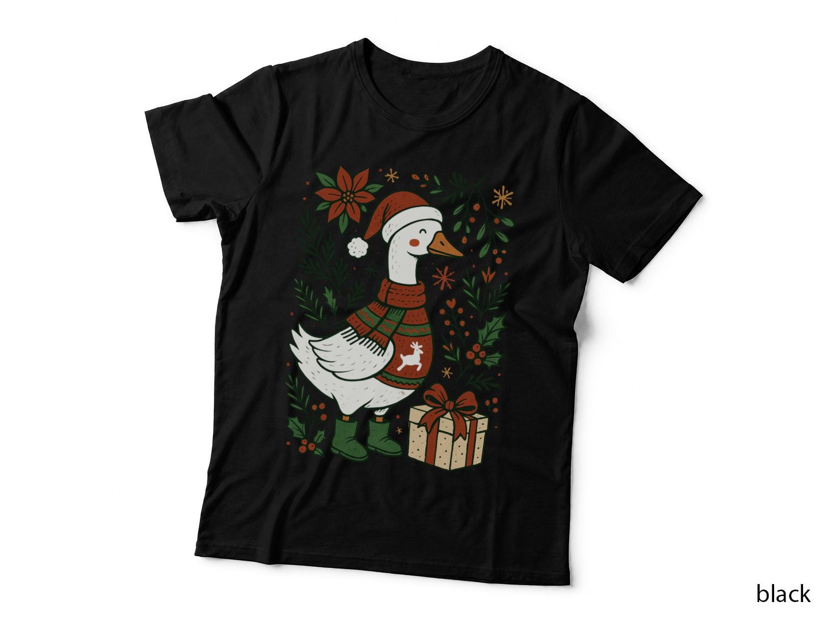 Decorated Goose with Gift Christmas T-Shirt, Funny Xmas Graphic Tee