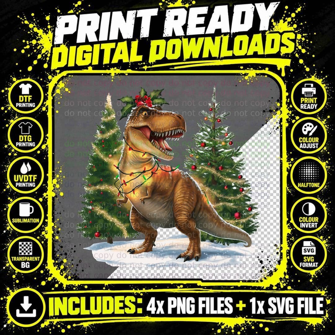 Dinosaur T-Rex Christmas Lights Trees Christmas T-Shirt Png SVG Digital Bundle