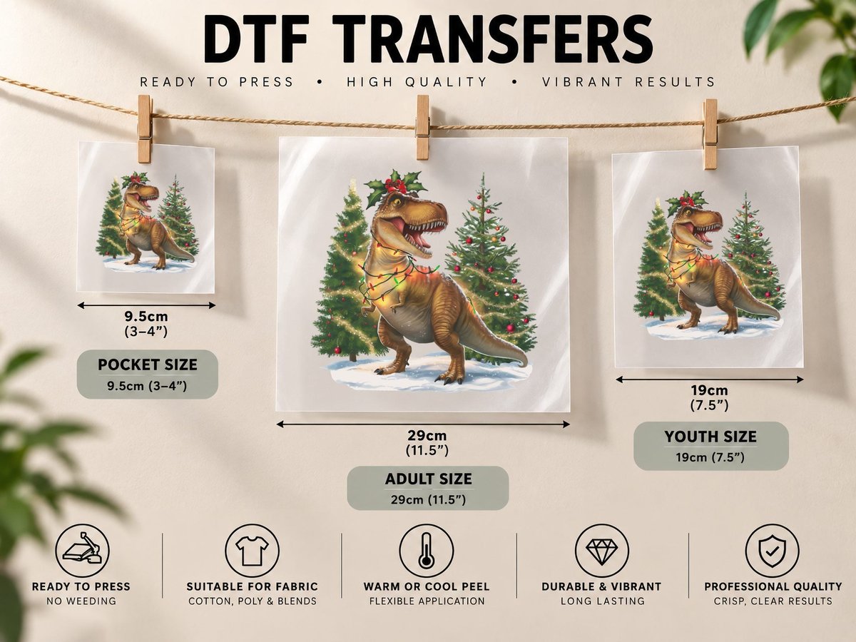 Dinosaur T-Rex Christmas Lights Trees Christmas DTF Transfer Iron On