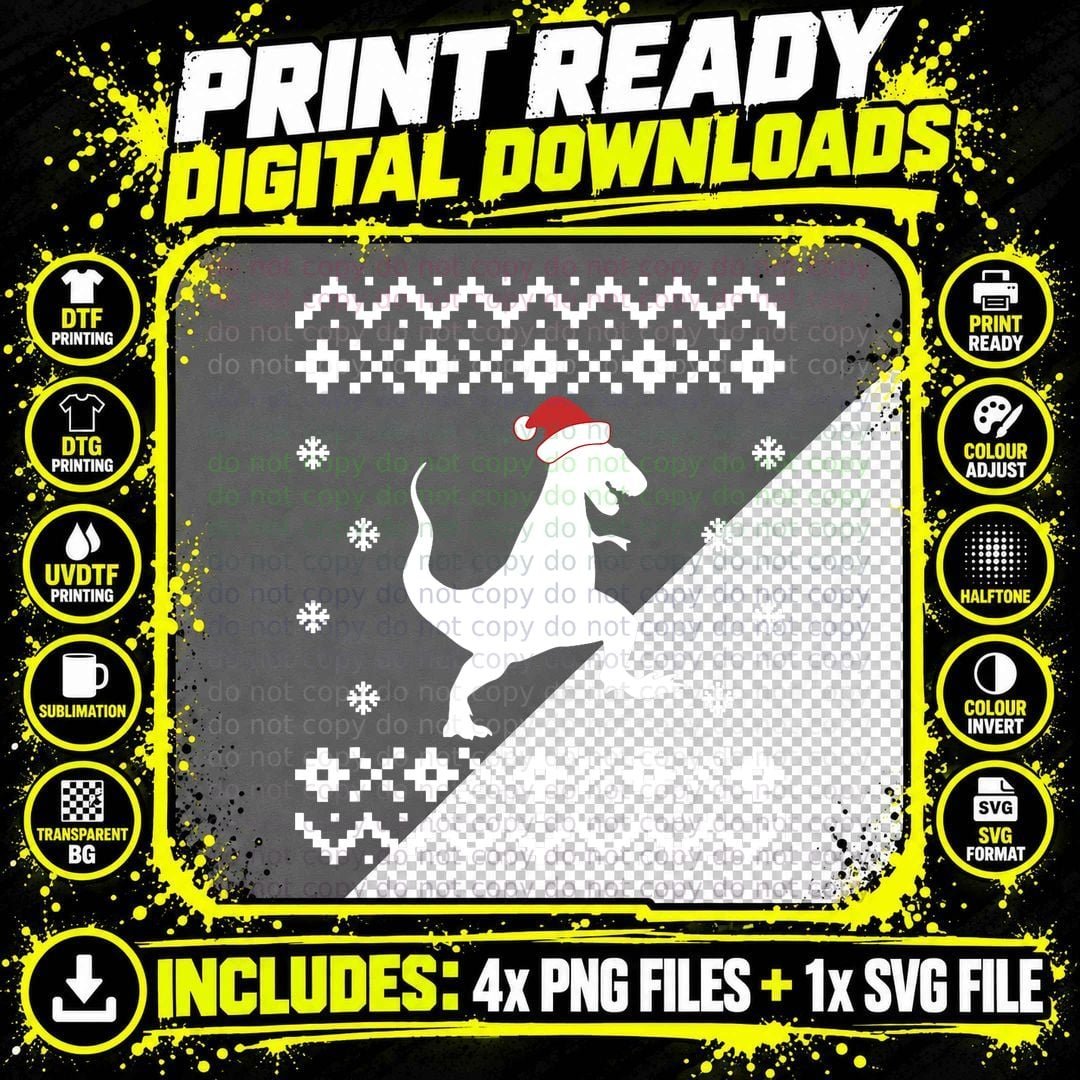 Dinosaur Ugly Christmas, Funny Trex Santa, Holiday Gift Png SVG Digital Bundle