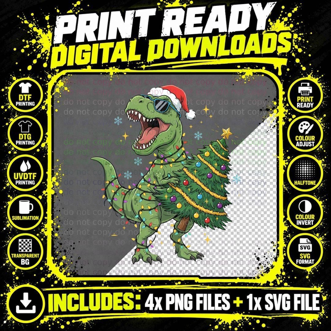 Dinosaur with Lights Christmas T-Shirt Png SVG Digital Bundle