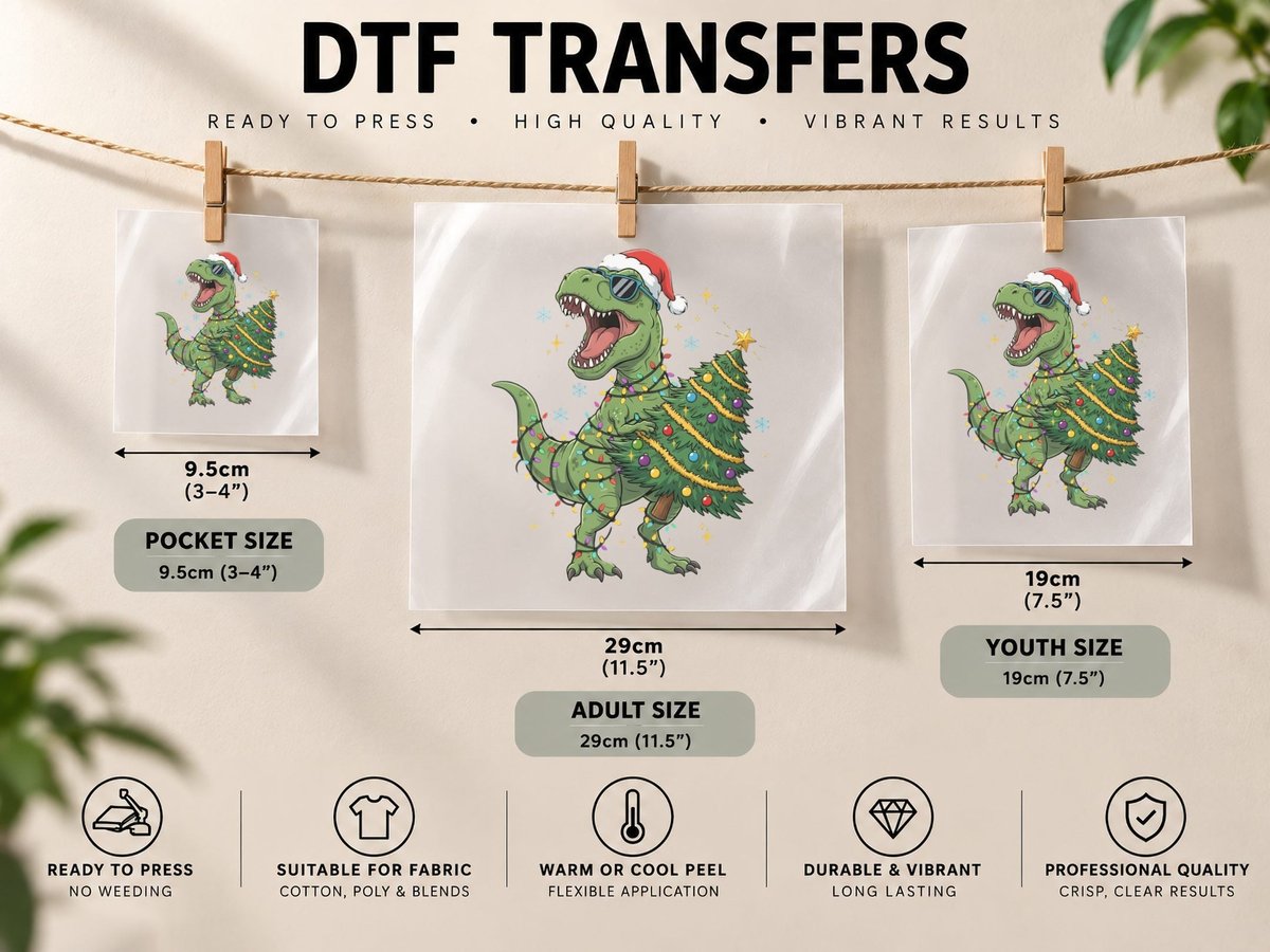 Dinosaur with Lights Christmas, Funny Xmas Graphic DTF Transfer Iron On