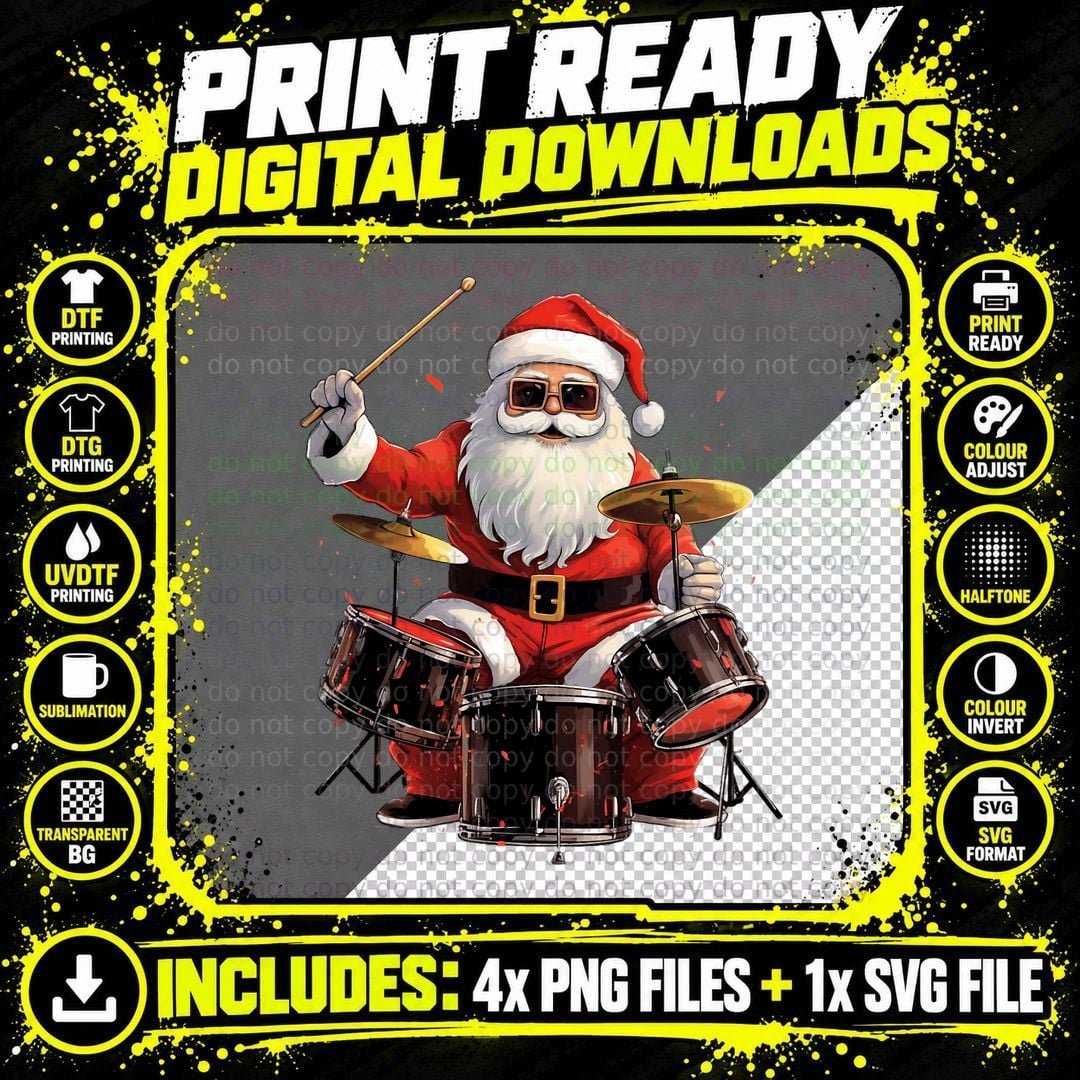 Drummer Santa Playing Drums Funny Christmas Drummer Xmas Png SVG Digital Bundle