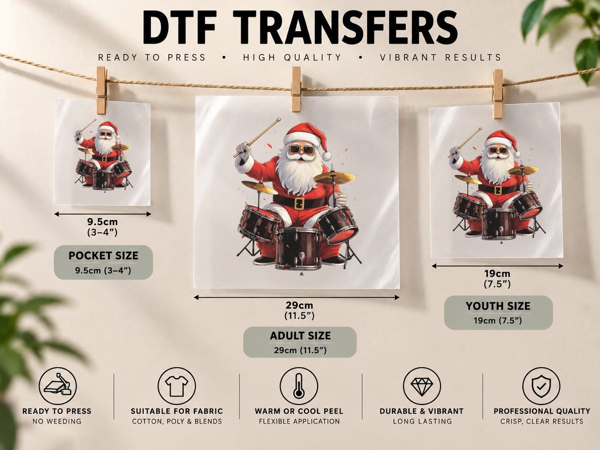 Drummer Santa Playing Drums Funny Christmas Drummer Xmas DTF Transfer Iron On