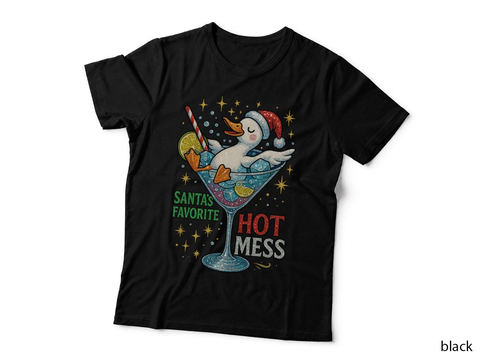 Duck Santa Hat Drink Christmas T-Shirt, Funny Xmas Graphic Tee