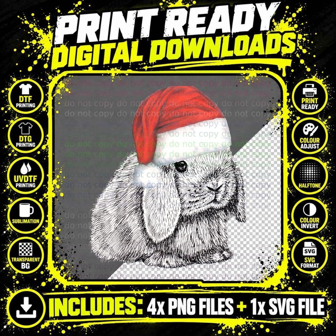 Dwarf Lop Eared Bunny Rabbit in Santa Claus Christmas Png SVG Digital Bundle