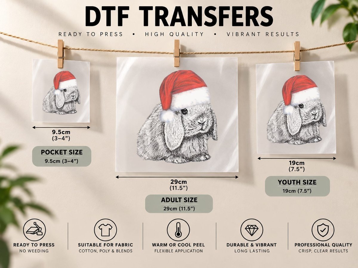 Dwarf Lop Eared Bunny Rabbit in Santa Claus Christmas Hat DTF Transfer Iron On