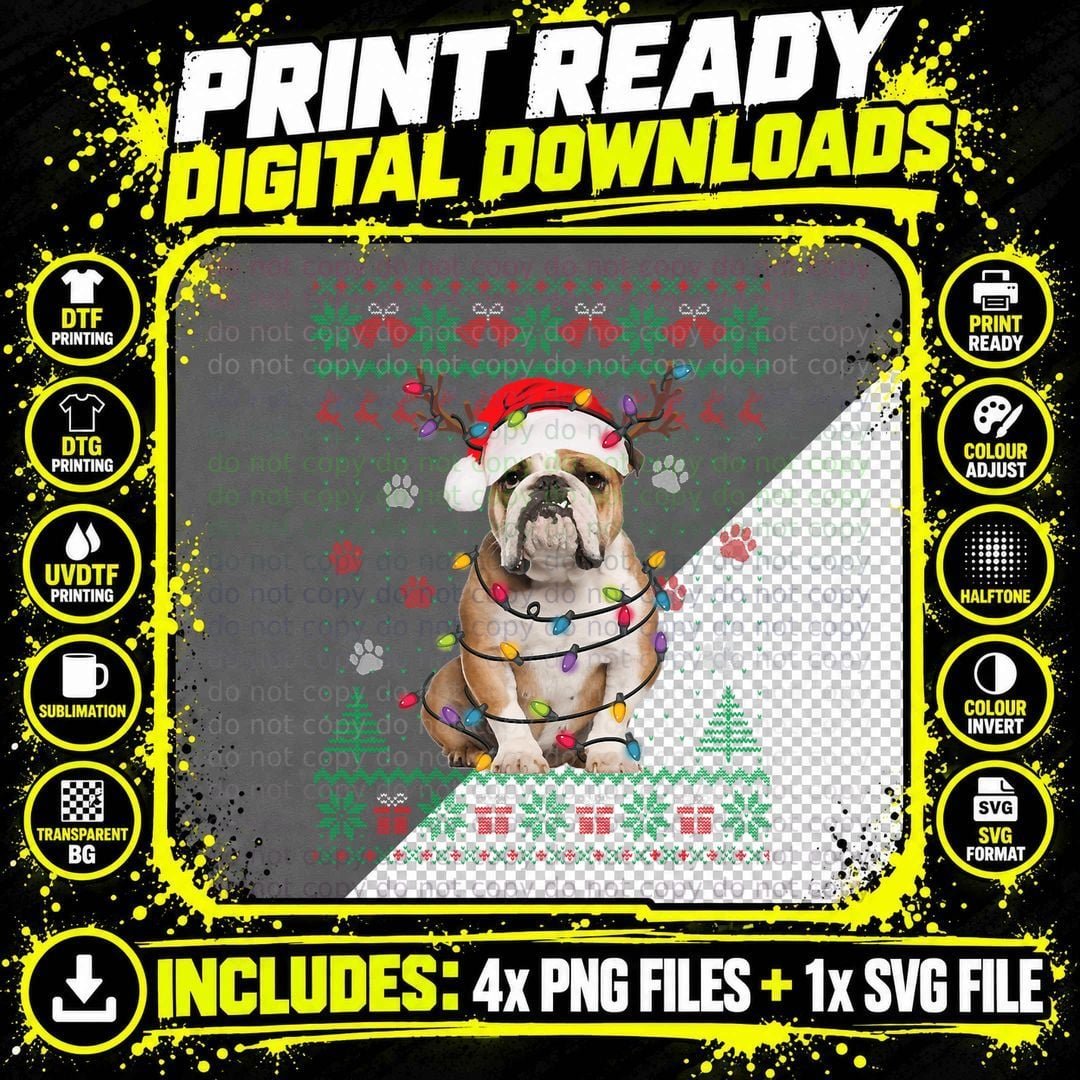 English Bulldog Christmas Lights Santa Dog Lover Ugly Png SVG Digital Bundle