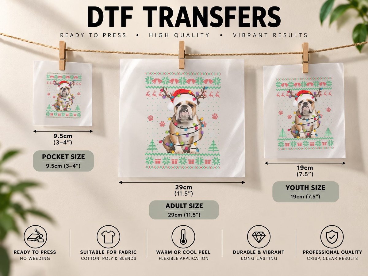 English Bulldog Christmas Lights Santa Dog Lover Ugly DTF Transfer Iron On