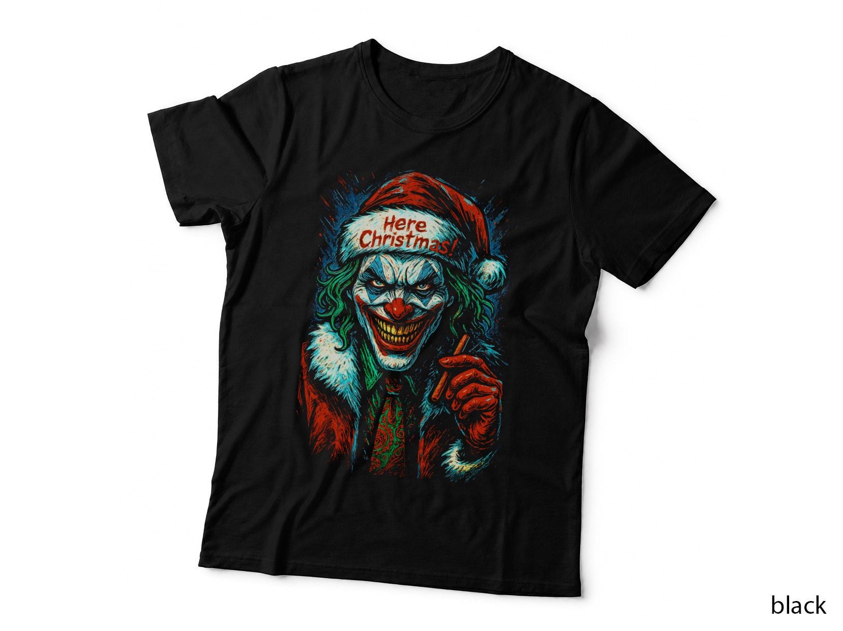 Evil Santa Clown Here Christmas Green Red White Halftone T-Shirt