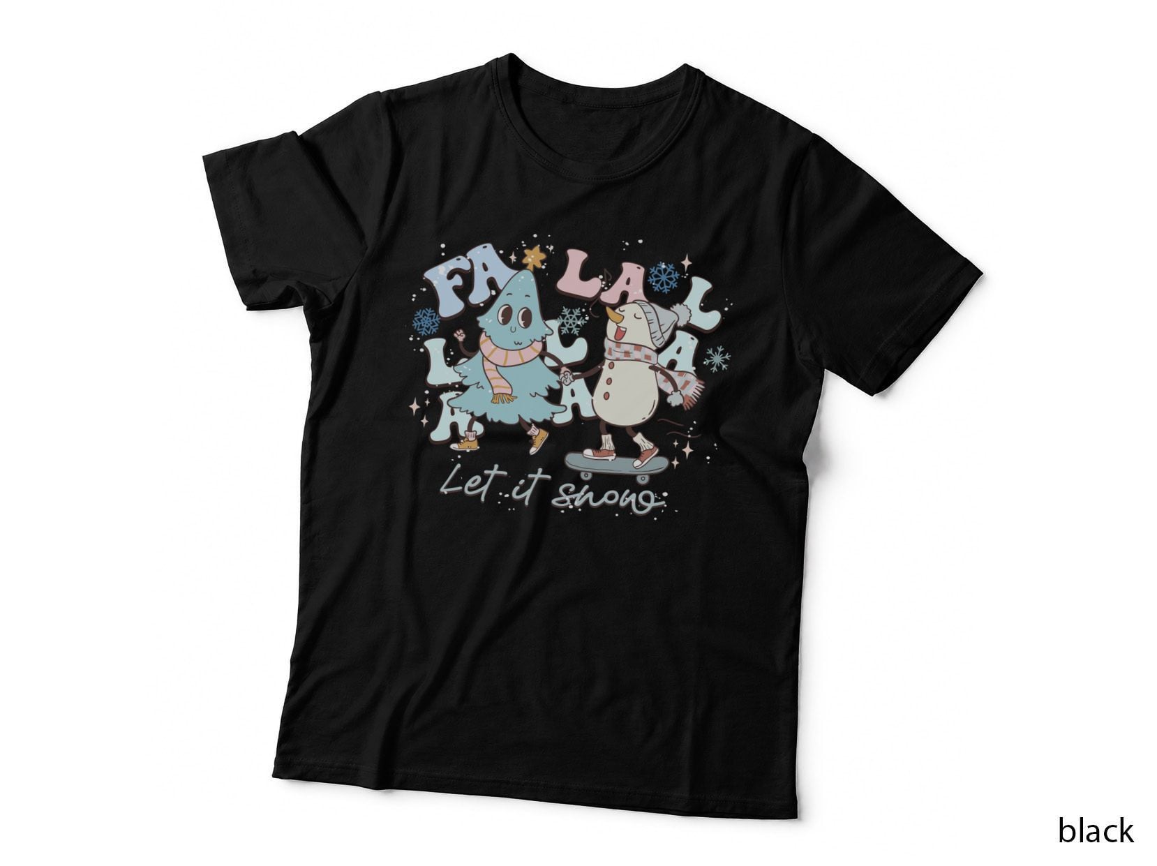 Fa La La Let It Snow Winter T-Shirt, Christmas Tree and Snowman Skating Graphic