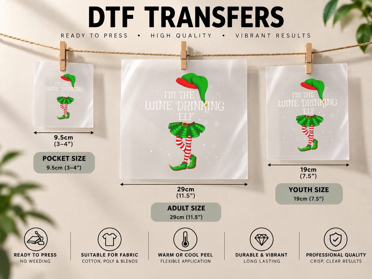Family Matching Women Girls the Wine Drinking Elf Christmas DTF Transfer Iron On