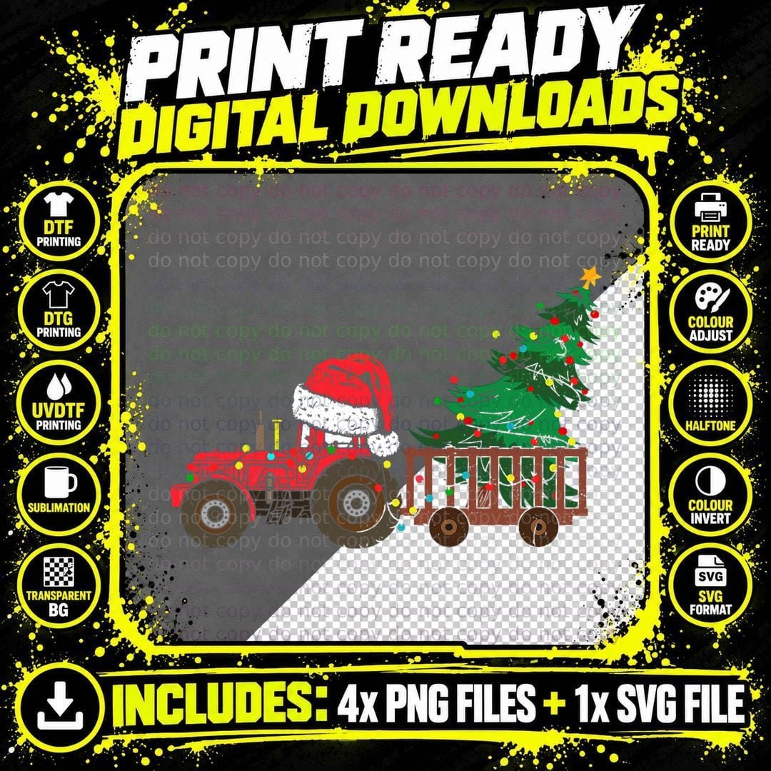 Farm Tractor with Santa Hat Tree Funny Farmer Christmas Png SVG Digital Bundle