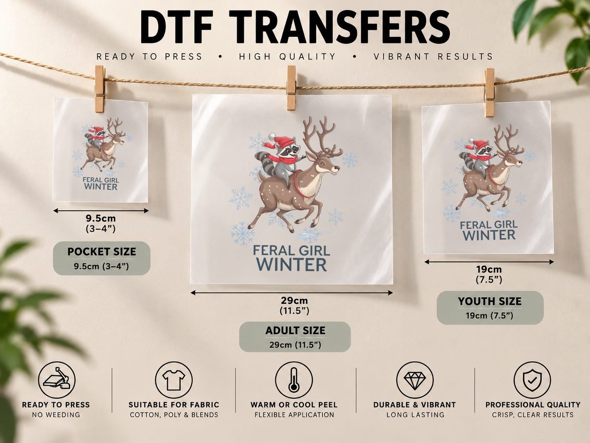 Feral Girl Winter, Raccoon Riding Reindeer in Snow Graphic DTF Transfer Iron On