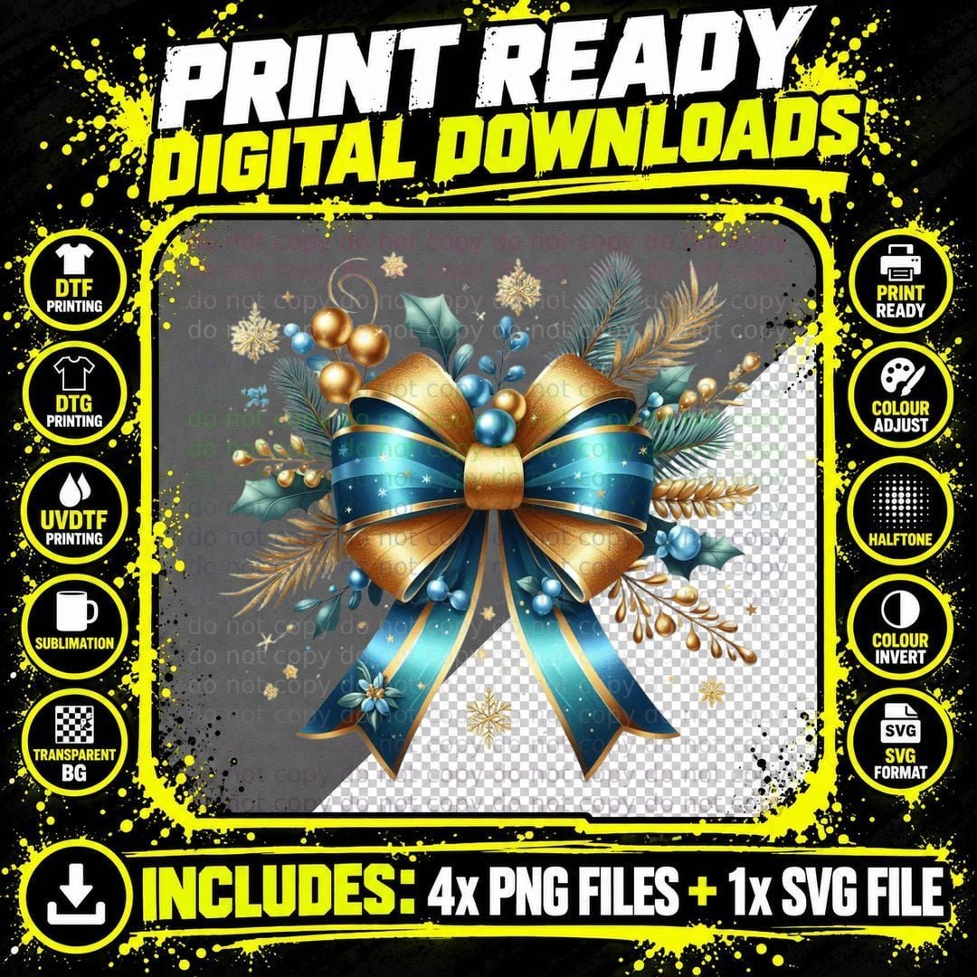 Festive Blue Gold Bow Floral Wreath Happy New Year Png SVG Digital Bundle