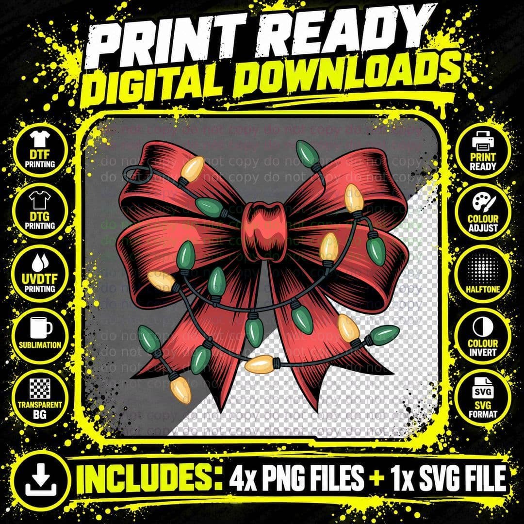 Festive Bow with Christmas Lights Christmas Coquette Png SVG Digital Bundle